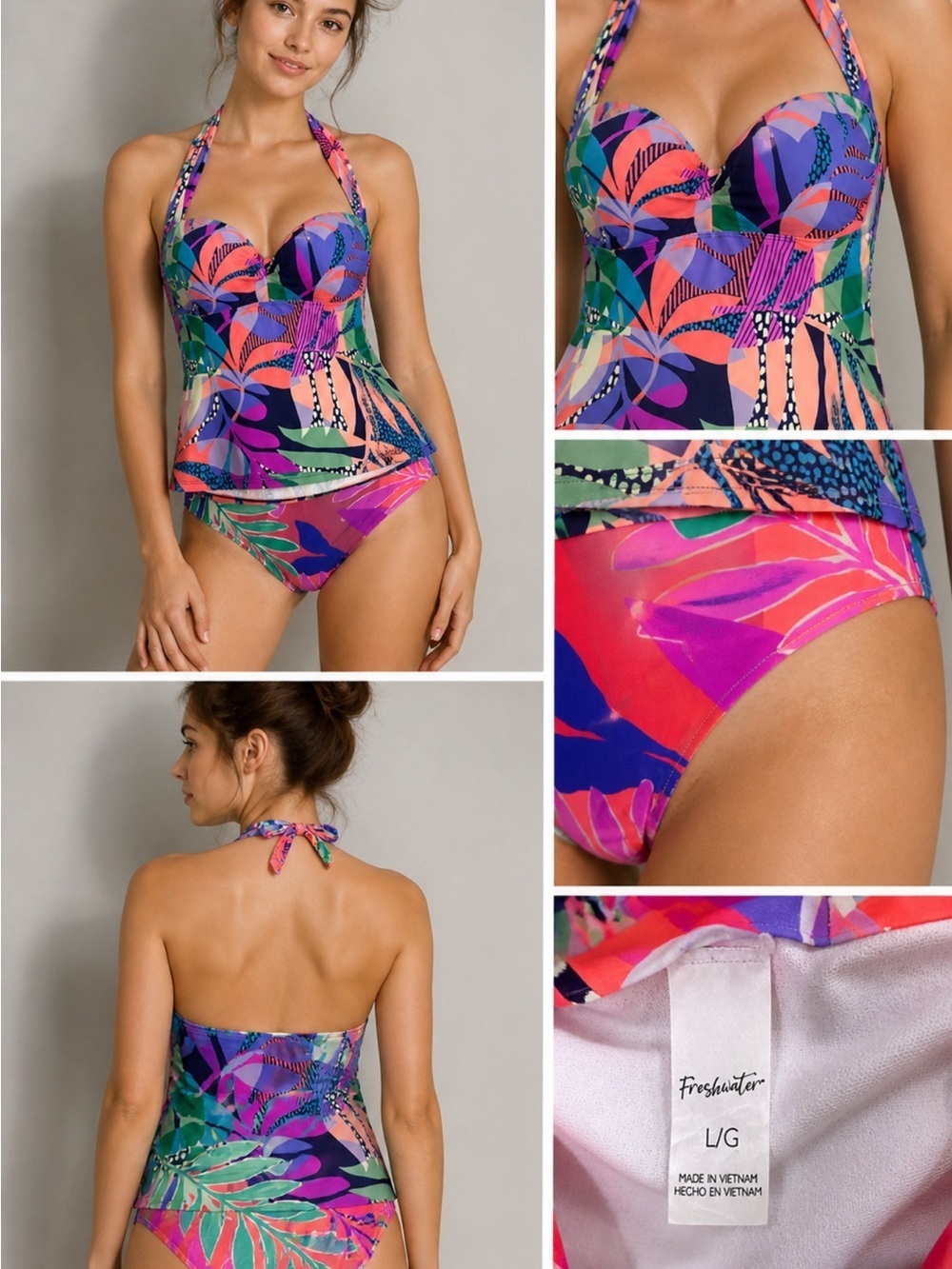 Freshwater Tankini Swimsuit Set Size L | Tropical Print Halter Swim Top + Bottom